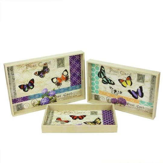Northlight Ivory & Violet Vintage Style Butterfly Rectangular Serving Tray Set 3 Northlight Ivory & Violet Vintage Style Butterfly Rectangular Serving Tray Set