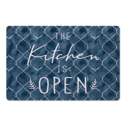 Blue With White The Kitchen Is Open Text Floor Mat