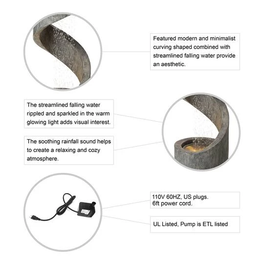 Glitzhome® 3.5ft. Curving Shaped Outdoor LED Fountain Gray 10 Glitzhome® 3.5ft. Curving Shaped Outdoor LED Fountain Gray - Image 8