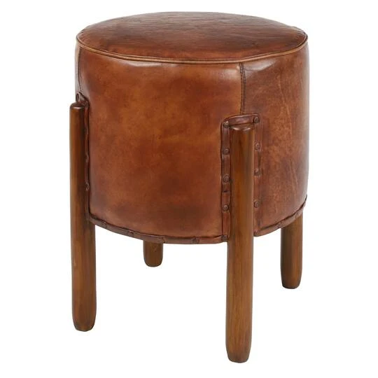 20" Brown Leather & Teak Traditional Stool 3 20" Brown Leather & Teak Traditional Stool