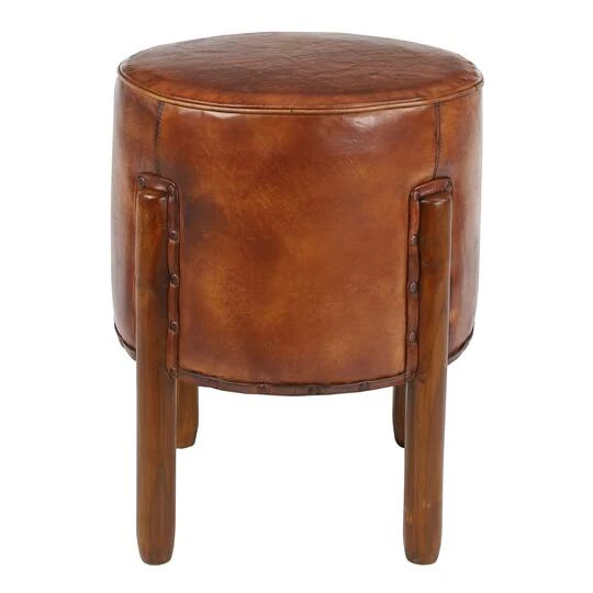 20" Brown Leather & Teak Traditional Stool 8 20" Brown Leather & Teak Traditional Stool - Image 6