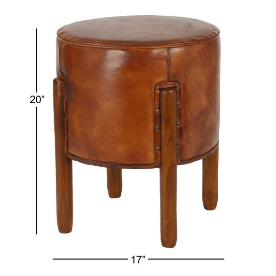 20" Brown Leather & Teak Traditional Stool 6 20" Brown Leather & Teak Traditional Stool - Image 4