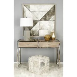 17" White & Silver Leather & Wood Glam Ottoman -Michaels Decor Sale D304106S 4