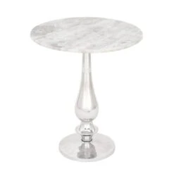 2ft. White Marble And Aluminum Traditional Accent Table