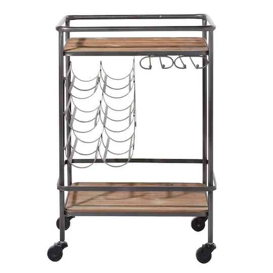 2-Tier Brown Chinese Fir And Metal Industrial Bar Cart 6 2-Tier Brown Chinese Fir And Metal Industrial Bar Cart - Image 4