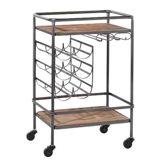 2-Tier Brown Chinese Fir And Metal Industrial Bar Cart 7 2-Tier Brown Chinese Fir And Metal Industrial Bar Cart - Image 5
