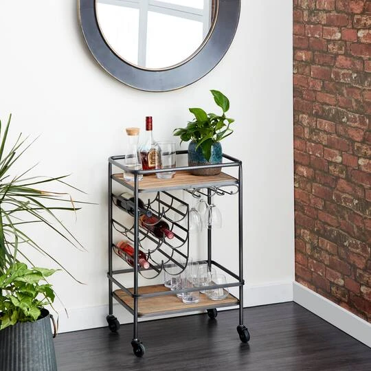 2-Tier Brown Chinese Fir And Metal Industrial Bar Cart 10 2-Tier Brown Chinese Fir And Metal Industrial Bar Cart - Image 8