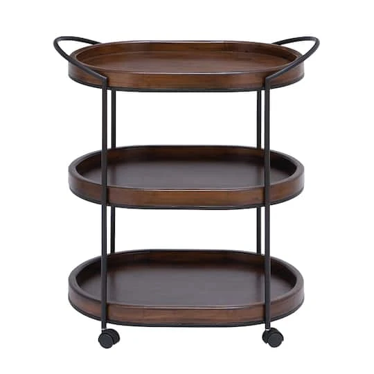 3-Tier Brown Pine & Metal Traditional Bar Cart 4 3-Tier Brown Pine & Metal Traditional Bar Cart - Image 2