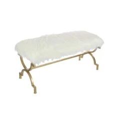 White Fur & Metal Contemporary Bench