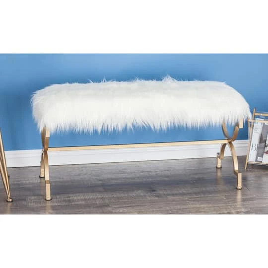 White Fur & Metal Contemporary Bench 9 White Fur & Metal Contemporary Bench - Image 7