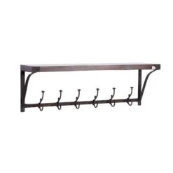 Brown Wood Industrial Wall Hooks With Shelf