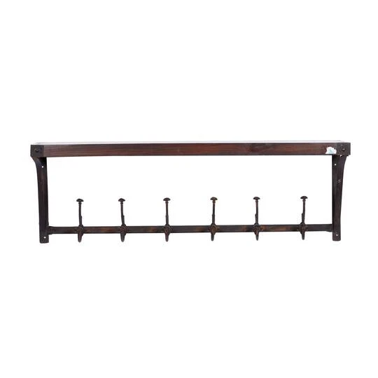 Brown Wood Industrial Wall Hooks With Shelf 5 Brown Wood Industrial Wall Hooks With Shelf - Image 3