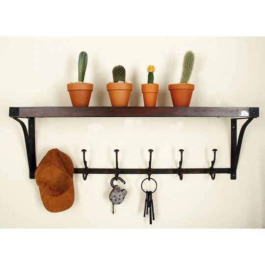 Brown Wood Industrial Wall Hooks With Shelf 11 Brown Wood Industrial Wall Hooks With Shelf - Image 9