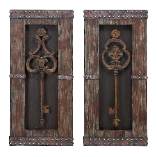 Brown Wood & Metal Rustic Key Wall Décor Set 4 Brown Wood & Metal Rustic Key Wall Décor Set - Image 2