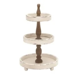 25" White Farmhouse Wood 3-Tier Tray Stand