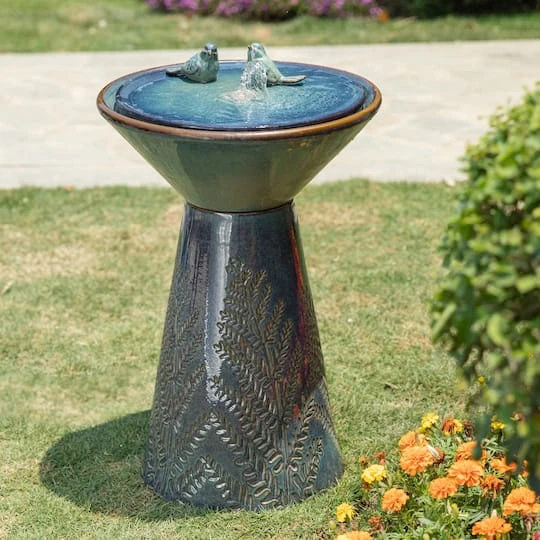 Glitzhome® 27.5" LED Bird Pedestal Ceramic Fountain Turquoise 5 Glitzhome® 27.5" LED Bird Pedestal Ceramic Fountain Turquoise - Image 3