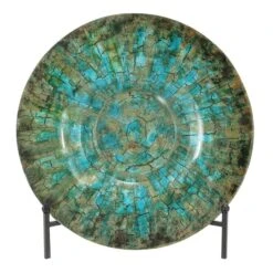 18" Green & Turquoise Glass Glam Decorative Plate With Stand