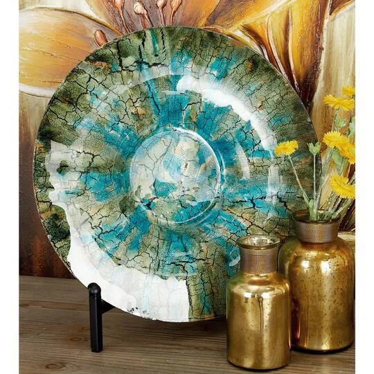 18" Green & Turquoise Glass Glam Decorative Plate With Stand 11 18" Green & Turquoise Glass Glam Decorative Plate With Stand - Image 9