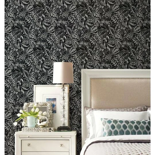 RoomMates Vintage Batik Jungle Peel & Stick Wallpaper Black/Gray 7 RoomMates Vintage Batik Jungle Peel & Stick Wallpaper Black/Gray - Image 5