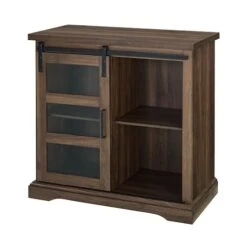 Walker Edison 32" Dark Walnut Sliding Glass Door Modern Accent Cabinet
