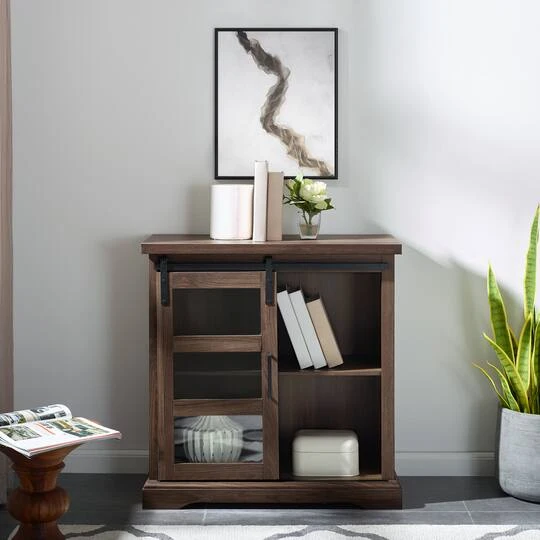 Walker Edison 32" Dark Walnut Sliding Glass Door Modern Accent Cabinet 6 Walker Edison 32" Dark Walnut Sliding Glass Door Modern Accent Cabinet - Image 4