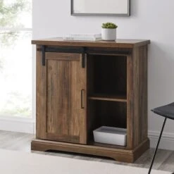 Walker Edison 32" Reclaimed Barnwood Sliding Grooved Door Modern Accent Cabinet