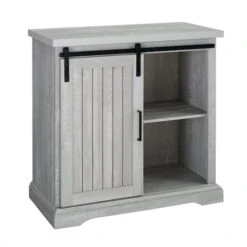 Walker Edison 32" Stone Grey Sliding Grooved Door Modern Accent Cabinet