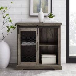 Walker Edison Edison Walker 32" Grey Wash Sliding Mesh Metal Door Accent Cabinet