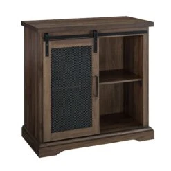 Walker Edison 32" Dark Walnut Sliding Mesh Metal Door Accent Cabinet