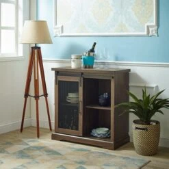 Walker Edison 32" Dark Walnut Sliding Mesh Metal Door Accent Cabinet -Michaels Decor Sale D374542S 3