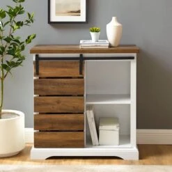 Walker Edison 32" Solid White & Reclaimed Wood Two-Tone Sliding Slat Door Accent Cabinet -Michaels Decor Sale D374543S 2