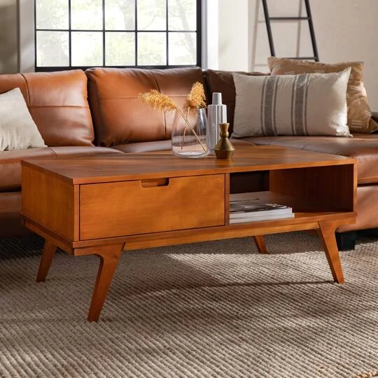 Walker Edison Caramel 1-Drawer Bridge Leg Solid Wood Coffee Table 6 Walker Edison Caramel 1-Drawer Bridge Leg Solid Wood Coffee Table - Image 4