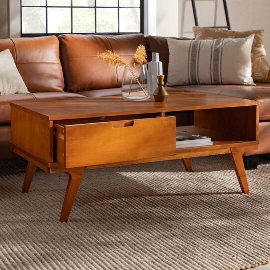 Walker Edison Caramel 1-Drawer Bridge Leg Solid Wood Coffee Table 8 Walker Edison Caramel 1-Drawer Bridge Leg Solid Wood Coffee Table - Image 6