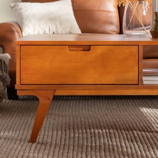 Walker Edison Caramel 1-Drawer Bridge Leg Solid Wood Coffee Table 9 Walker Edison Caramel 1-Drawer Bridge Leg Solid Wood Coffee Table - Image 7