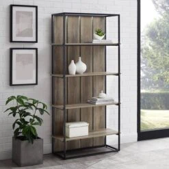 Walker Edison 64" Graywash & Black Metal Farmhouse Plank Back Bookshelf -Michaels Decor Sale D374627S 1