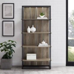 Walker Edison 64" Graywash & Black Metal Farmhouse Plank Back Bookshelf -Michaels Decor Sale D374627S 2