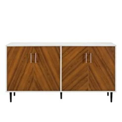 Walker Edison 58" Teak Bookmatch & White Mid Century Modern TV Buffet