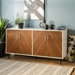 Walker Edison 58" Teak Bookmatch & White Mid Century Modern TV Buffet -Michaels Decor Sale D374648S 3