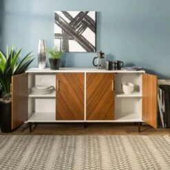 Walker Edison 58" Teak Bookmatch & White Mid Century Modern TV Buffet -Michaels Decor Sale D374648S 4