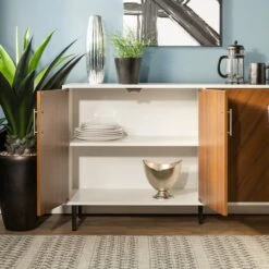 Walker Edison 58" Teak Bookmatch & White Mid Century Modern TV Buffet -Michaels Decor Sale D374648S 5