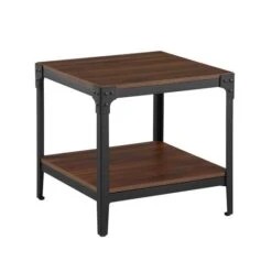 Walker Edison Dark Walnut Angle Iron Rustic Wood Side Table Set
