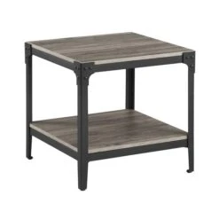 Walker Edison Slate Gray Angle Iron Rustic Wood Side Table Set