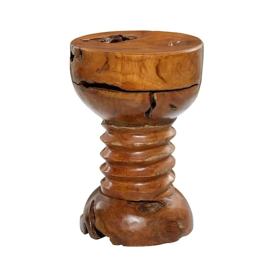 20" Brown Teak Wood Rustic Stool 5 20" Brown Teak Wood Rustic Stool - Image 3