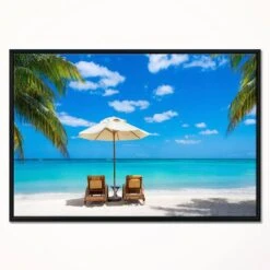 Designart - Turquoise Beach With Chairs - Seashore Photo Framed Canvas Print Black -Michaels Decor Sale D448763S 2