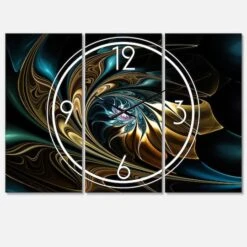 Designart Brown Blue Fractal Flower In Black Multipanel Wall Clock