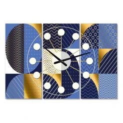 Designart Retro Luxury Waves In Gold & Blue IV Mid-Century Modern Multipanel Wall Clock