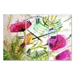 Designart Singing Bird On Purple Flowers Watercolor Large Cottage 3 Panel Wall Clock