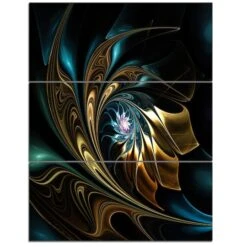 Designart - Brown Blue Fractal Flower In Black - Oversized Abstract Canvas Art