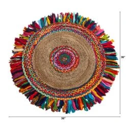 3ft. X 3ft. Handmade Woven Chindi Jute Rug With Colorful Fringe -Michaels Decor Sale D478699S 2
