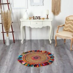 3ft. X 3ft. Handmade Woven Chindi Jute Rug With Colorful Fringe -Michaels Decor Sale D478699S 3